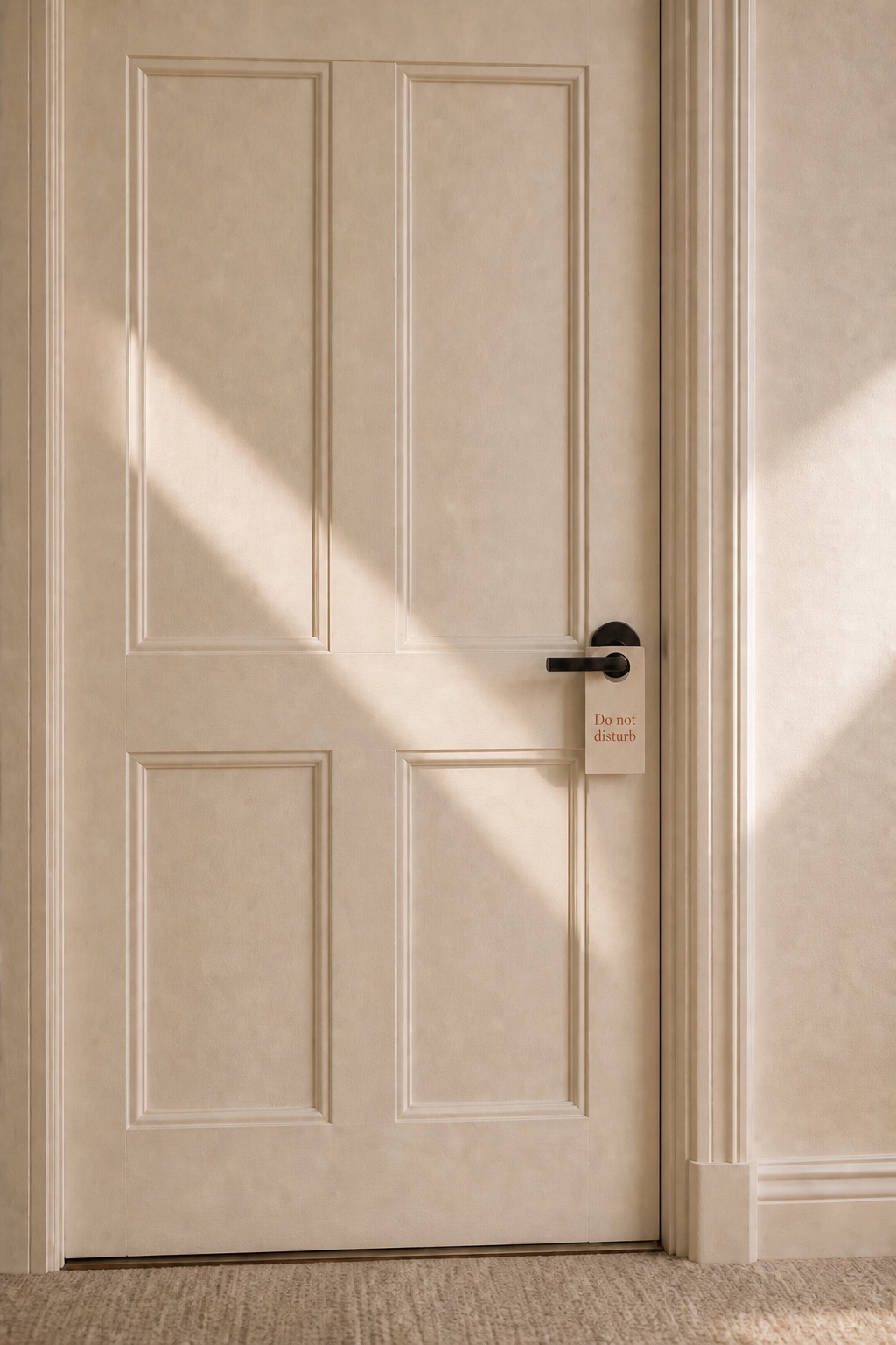 A do not disturb card hanging from the handle of a closed door