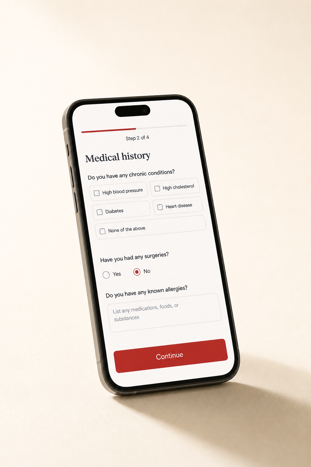 Phone displaying the medical history step of the online intake form
