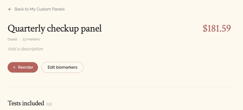 Anabolic Insights saved custom panel named Quarterly checkup panel, at Quest with 13 markers for $181.59, with Reorder and Edit biomarkers buttons