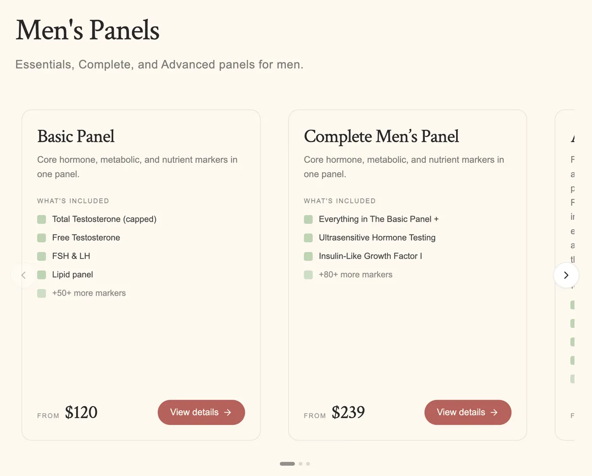 Anabolic Insights men's panels page showing the Basic Panel from $120 and the Complete Men's Panel from $239