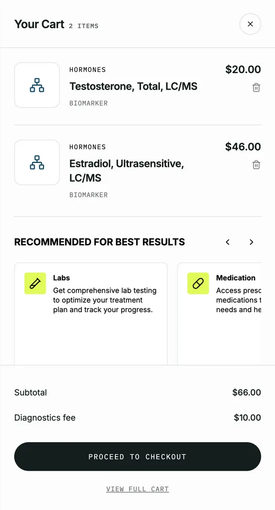 AlgoRx cart with Testosterone, Total, LC/MS at $20.00 and Estradiol, Ultrasensitive, LC/MS at $46.00, a $66.00 subtotal and a $10.00 Diagnostics fee