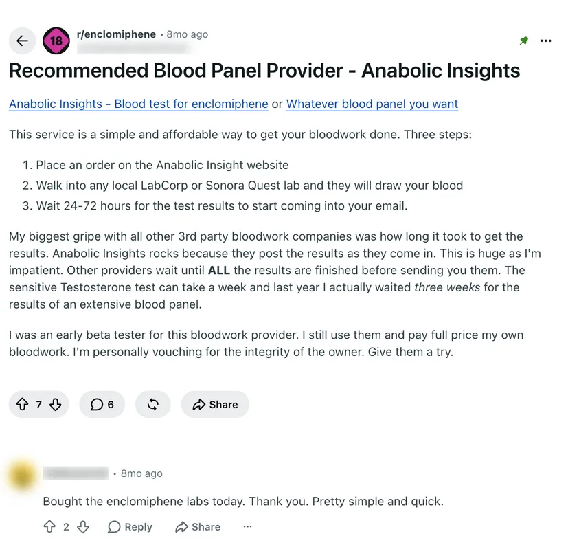 Reddit post in r/enclomiphene titled Recommended Blood Panel Provider - Anabolic Insights, describing a three-step process and praising results that post as they come in