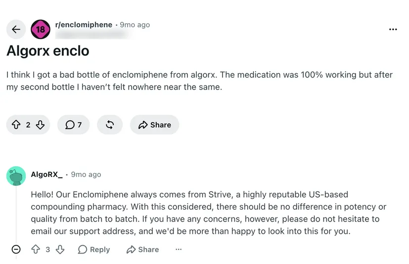 Reddit post in r/enclomiphene titled Algorx enclo, where a user suspects a bad bottle, with a reply from the official AlgoRX account explaining their enclomiphene comes from Strive Pharmacy