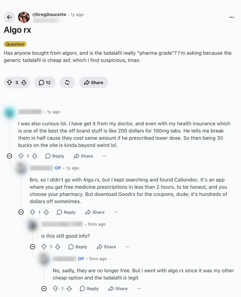 Reddit thread in r/GregDoucette asking whether AlgoRx tadalafil is pharma grade, with the original poster later saying they went with AlgoRx and the tadalafil is legit