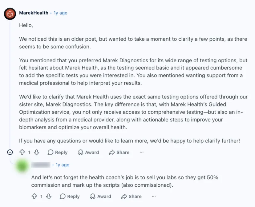 Reddit thread in r/PeterAttia where the official MarekHealth account explains its Guided Optimization service, and a reply claims health coaches get 50 percent commission on labs and that scripts are marked up and commissioned